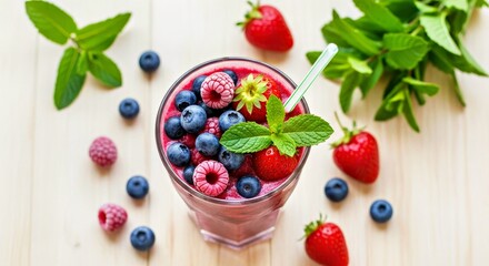 Healthy Summer Smoothie Flatlay with Frozen Berries Leaves
