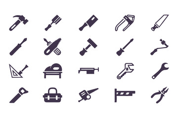 Set of black construction and repair tool icons. vector symbols including hammer, drill, wrench, saw, screwdriver, axe, and toolbox.