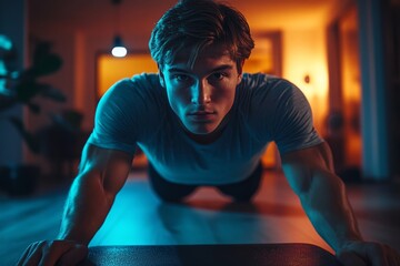 Sporty young man exercising with a plank in the living room at home for bodybuilding., Generative AI