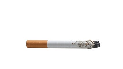 A close up shot of a single lit cigarette with ash on the end against a white background plain