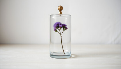 Glass vase with purple flower on a white background  