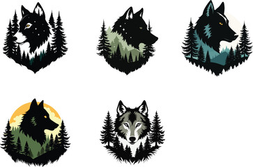 Wolf blinded with nature  icon set 