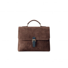Stylish brown leather briefcase with a buckle closure and handle, perfect for professionals and office use, set against a white isolated background.