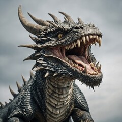 A dragon in mid-roar with sharp teeth and claws on white



