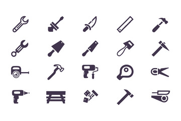 Set of black construction and repair tool icons. vector symbols including hammer, drill, wrench, saw, screwdriver, axe, and toolbox.