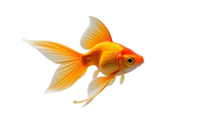 A single bright orange goldfish with flowing fins isolated against a plain white background view from side