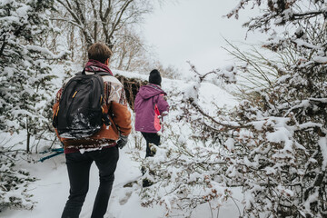Naklejka premium Two people hiking along a snowy forest trail surrounded by trees covered in fresh snow, experiencing the serene outdoors.