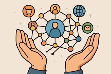 Omni-channel marketing strategy illustration. Hands supporting a customer-centric network. Concept for multi-channel communication, e-commerce, CRM, and seamless user experience.