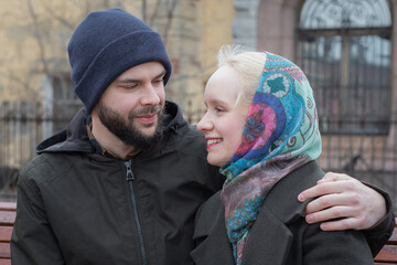 Happy couple. Man and woman in love, outdoors lifestyle portrait
