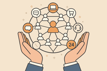 Omni-channel marketing strategy concept. Hands holding an integrated network of customer touchpoints. Seamless experience with ecommerce, communication, and 24/7 support icons.