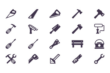 Set of black construction and repair tool icons. vector symbols including hammer, drill, wrench, saw, screwdriver, axe, and toolbox.