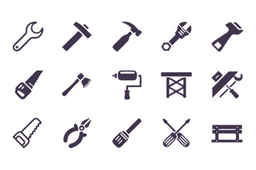 Set of black construction and repair tool icons. vector symbols including hammer, drill, wrench, saw, screwdriver, axe, and toolbox.