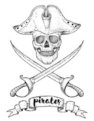 Pirate skull sketch. Hand drawn vector illustration. Pirate skull wearing a tricorn hat. Vintage design.