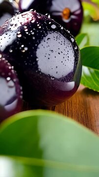 Close-up of glistening Java plums with water droplets on a rustic wooden surface, showcasing the fruit's deep colors and fresh appearance.