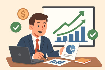 Businessman analyzing financial growth data. Financial analyst at desk with laptop and reports. Concept of successful investment, corporate profit, marketing strategy, and progress.