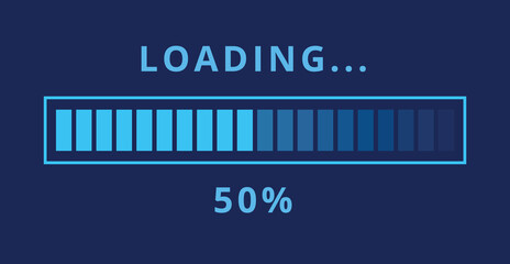 Vector illustration of light blue loading bar isolated on dark blue background for websites and graphic resources. Loading bar at 50% loaded.