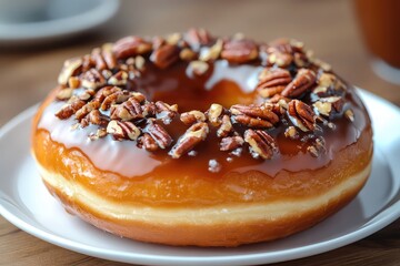 Donut with a dulce de leche filling and toasted pecans, rich and decadent