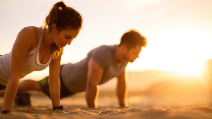 Two individuals exercising on a sandy beach during sunset, showcasing fitness and determination