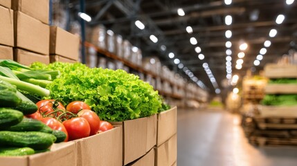 Fresh vegetables and greens stacked in boxes inside a bustling warehouse, with shelves in background
