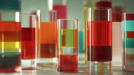 Colorful layered liquids in clear glass tubes, close-up