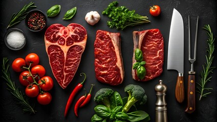 The photo showcases a collection of fresh ingredients, including herbs, spices, and a selection of vegetables, as well as a sharp, robust knife.