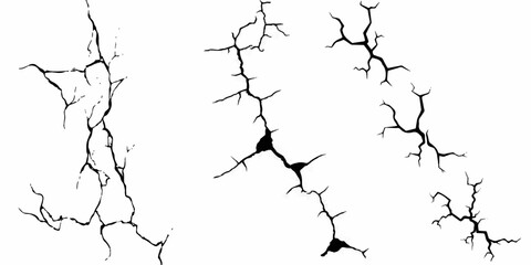 Ground cracks, breaks on land surface from earthquake isolated on transparent background Black grunge effect on white background.