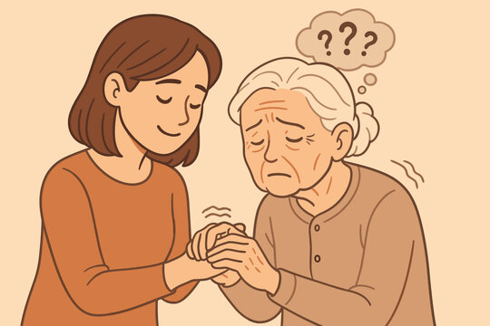 Daughter comforting elderly mother with dementia or Alzheimer's. Caregiver supporting senior woman with memory loss and confusion. Concept of mental health, aging, and family care.