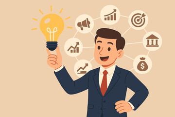 Businessman holding lightbulb, a symbol of a new idea and innovation. Business strategy and planning concept with icons for marketing, finance, investment, growth, and goals.