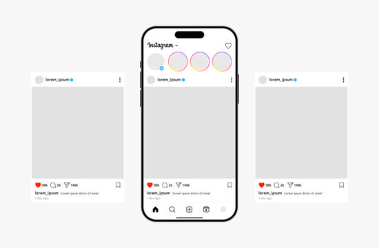 Instagram social media post feed mobile phone mockup template. Social network app layout on smartphone vector illustration