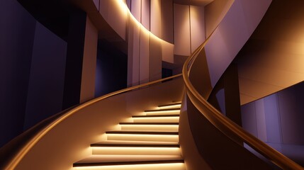 Modern spiral staircase illuminated with warm lights in a contemporary architectural setting