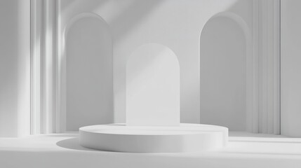Empty white pedestal display in a minimalist interior.