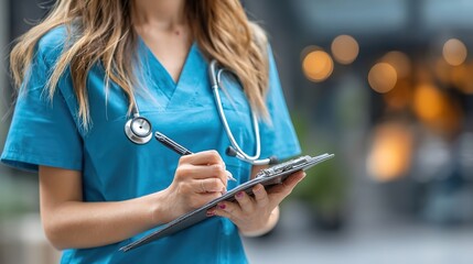 A focused medical professional in blue uniform writes on a clipboard with a stethoscope around their neck, captured in close-up against a clean Western hospital background.