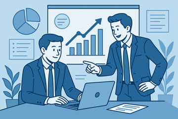 Business collaboration concept. Two colleagues discussing corporate strategy, analyzing data on charts for market growth. Teamwork and presentation in office for financial success.