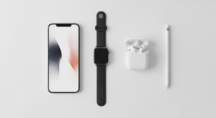 Sleek black smartphone, Apple Watch, AirPods, and Apple Pencil arranged on a minimalist white background.
