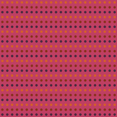 Pattern created from rows of orange, brown and purple dots on a pink background
