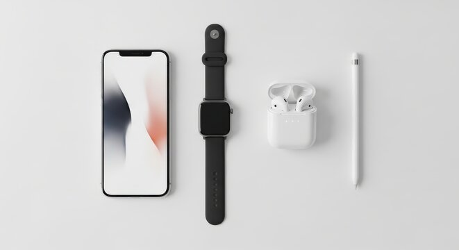 Sleek black smartphone, Apple Watch, AirPods, and Apple Pencil arranged on a minimalist white background. - Powered by Adobe