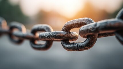 Obraz premium Close-up of a weathered metal chain link, sunlit background