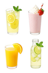 Fototapeta premium Assorted refreshing drinks: lemon, strawberry milkshake, orange juice, lime soda in glasses 