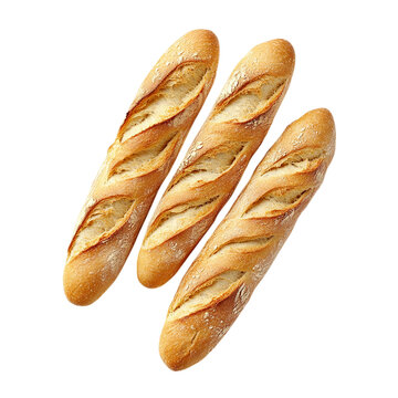 Three Crusty French Baguettes Arranged in an Overlapping Pattern on a Black Background isolated on transparent background