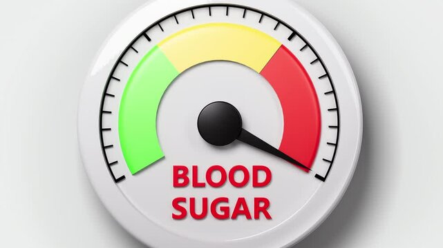 Clock-like blood sugar meter shows hand moving from green to red zone, warning of high sugar levels.