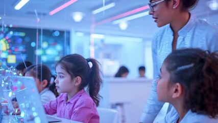 Engaging technology workshop with a mentor guiding children at computers in a vibrant, modern setting - Powered by Adobe
