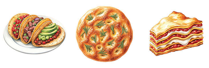 Watercolor illustrations of popular international dishes, featuring savory tacos, herbaceous focaccia bread, and layered lasagna.