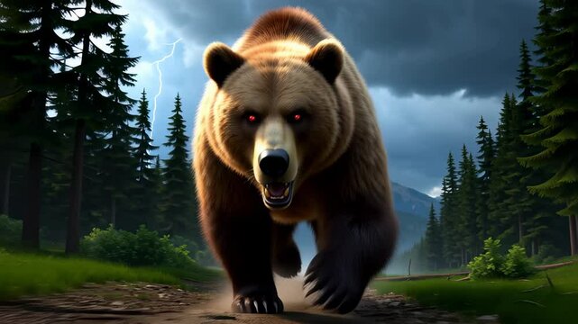 A bear is walking on a road with a menacing look on its face