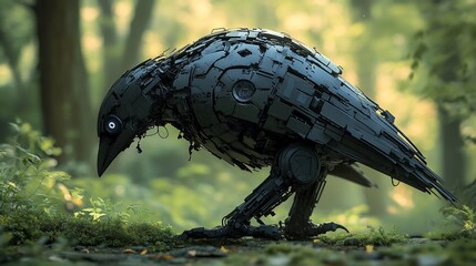A dark, mechanical crow, crouched in a lush forest