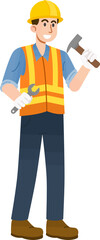 Construction Worker Illustration: An Animated construction worker in yellow hat, orange vest and tool in hand
