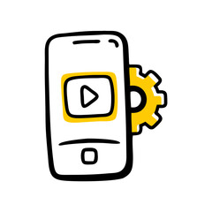 Smartphone with video app and gear on transparent background for web and graphic design