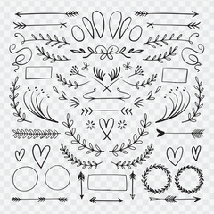 hand-drawn black and white decorative vector elements. Include a variety of ornate dividers, borders, floral flourishes, leafy branches, swirls, hearts, arrows, and circular wreaths.
