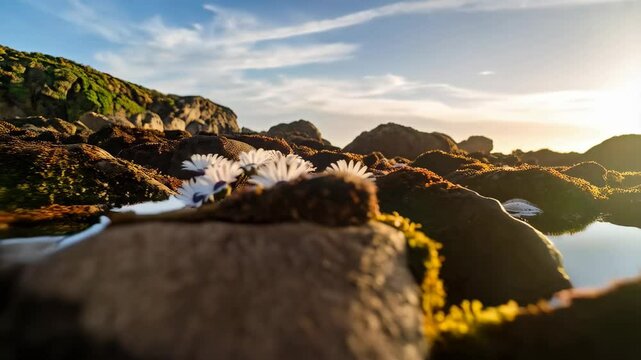 Cape marguerite daisies bloom on rocks, reflecting the sunset, amidst the ocean, on the rocky coast.