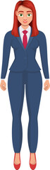 Professional poise: A businesswoman in tailored blue suit, radiating confidence and capability. With vibrant red hair, she exudes modern elegance in a crisp professional setting.
