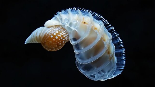 Close-up view of a unique shell with intricate patterns against a dark background